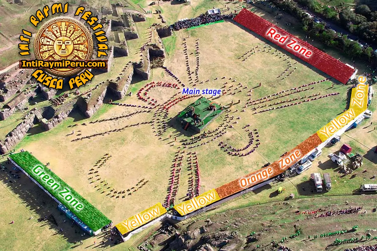 Inti Raymi 2027 ticket seating map for Sacsayhuaman ceremony with Orange, Yellow, Red and Green seating sections