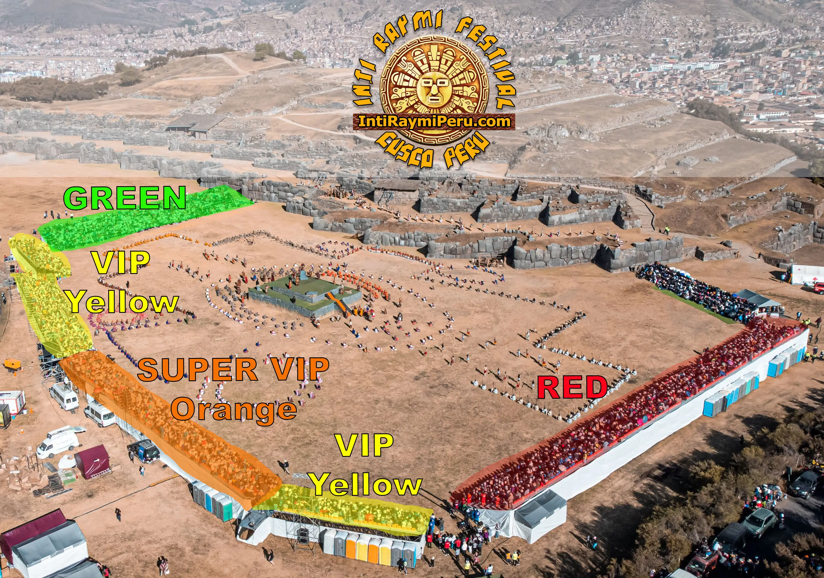 Inti Raymi 2027 ticket seating chart showing Orange Super VIP, Yellow VIP, Red and Green sections at Sacsayhuaman